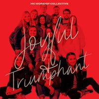 a group of people posing in front of a red background with the words joyful triumphant